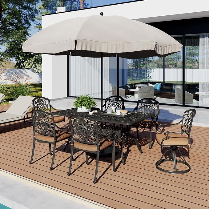 GarveeLife Cast Aluminum Outdoor Dining Table, 59 in Patio Dining Table with 2 in Umbrella Hole and Adjustable Foot Pads for Garden, Backyard, Deck, Dark Bronze