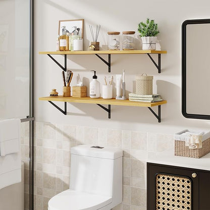 Acovy Floating Shelves for Wall,40" Wall Mounted Shelves Set of 2,Long Wood Floating Shelves,Hanging Wide Display & Storage Shelf with Metal Brackets for Bathroom,Bedroom,Kitchen,Living Room,Oak