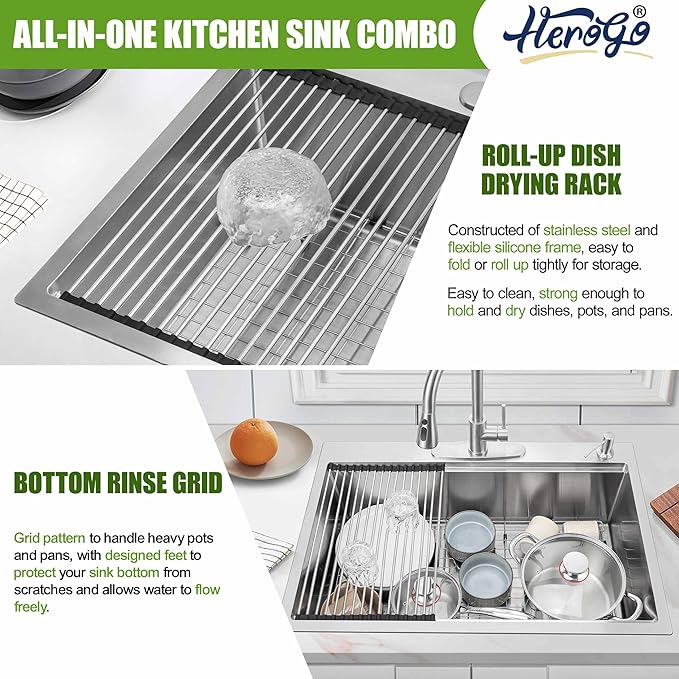 Herogo 33x22Inch Drop In Kitchen Sink, 18/10 Stainless Steel Topmount Handmade 10'' Deep Single Bowl Kitchen Workstaion Sink with 5 Accessories