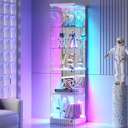 HNEBC 6-Tier Shelf with Glass Door, LED Display Case with RGB Lights& Motion Sensor, Lockable Curio Cabinet for Collectibles,Bookcase,China Cabinet-White