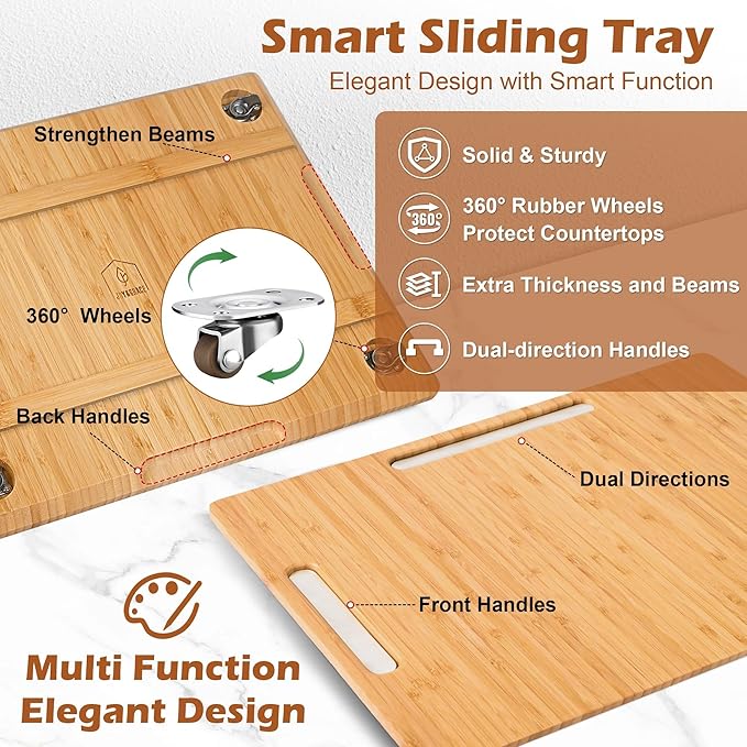 oy&Grace Appliance Slider for Kitchen Appliances 360° Rolling Sliding Tray for Coffee Maker Countertop, Bamboo Coffee Pot Slider Rolling Tray with Universal Rollers (Natural, Medium 14.5" x 10")