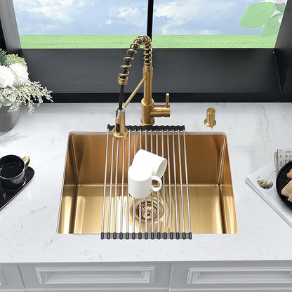 24 Inch Gold Laundry Room Sink Undermount -HLBLFY 24"x18"x12" Gold Laundry Sink Stainless Steel Sink 16 Gauge Single Bowl Deep Kitchen Sink Undermount with Roll Up Rack