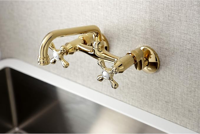 Kingston Brass KS213PB Victorian Two Handle Wall Mount Kitchen Faucet, 7-Inch, Polished Brass
