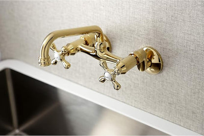 Kingston Brass KS213PB Victorian Two Handle Wall Mount Kitchen Faucet, 7-Inch, Polished Brass