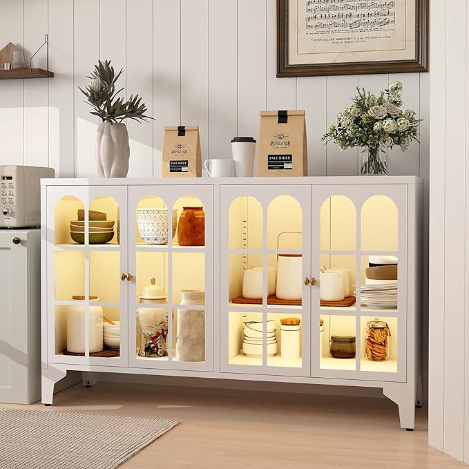 Foreate Sideboard Buffet Cabinet with Glass Door & LED Light, 53.2" Large Buffet Cabinet with Storage & Adjustable Shelf, Farmhouse Sideboard Credenzas Metal Kitchen Buffet, White