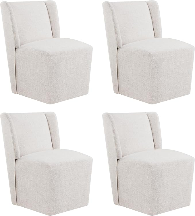 KISLOT Upholstered Dining Chairs Set of 4 with Casters, Wingback Modern Side Armless Deskchair with Rollers for Diningroom Bedroom Livingroom Reading Room, Linen Fabric
