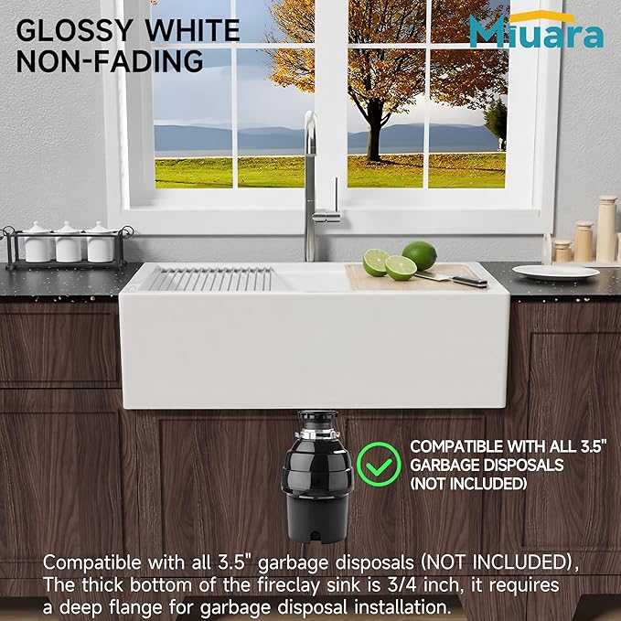 Miuara Self Trimming Farmhouse Workstation Sink 33 Inch - Tall Apron Front Fireclay Kitchen Sink 33"x20"x10", Dual Mount: Undermount & Topmount, Farm House Style Single Bowl, Glossy White, for Kitchen