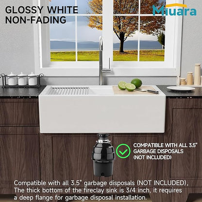 Miuara Self Trimming Farmhouse Workstation Sink 33 Inch - Tall Apron Front Fireclay Kitchen Sink 33"x20"x10", Dual Mount: Undermount & Topmount, Farm House Style Single Bowl, Glossy White, for Kitchen