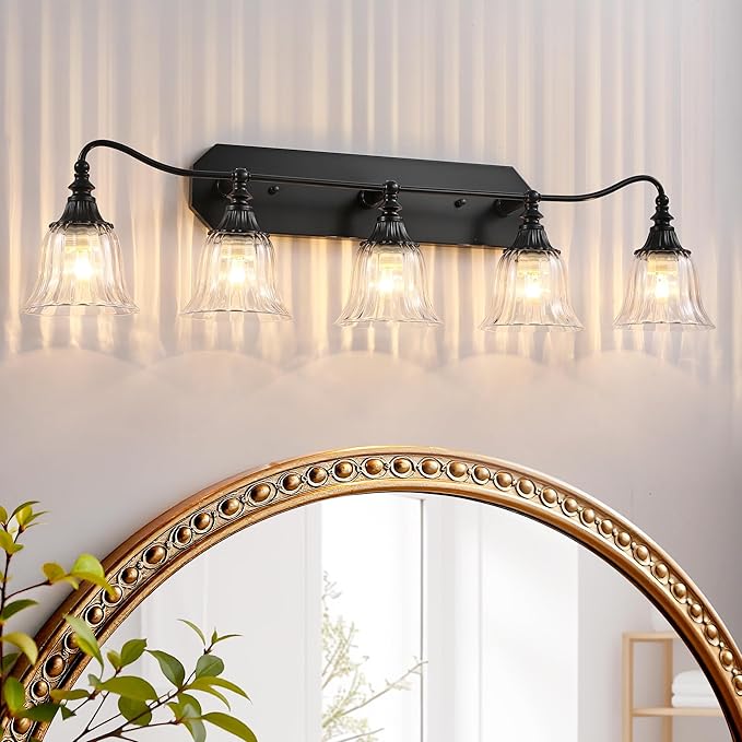 LmnLvn Bathroom Vanity Black Vintage Light Fixture, 5 Lights Bathroom Lighting Matte Antique Brass Finish with Crystal Glass Shade, Black Vintage Vanity Light