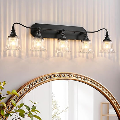 LmnLvn Bathroom Vanity Black Vintage Light Fixture, 5 Lights Bathroom Lighting Matte Antique Brass Finish with Crystal Glass Shade, Black Vintage Vanity Light
