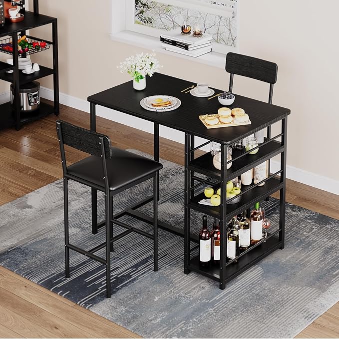 Bar Table and Chair Set with Three Shelves Small 2-Person Dining Table with 2 upholstered stools with backrests Suitable for Restaurants and bistros -Black