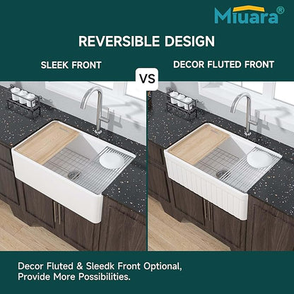 Miuara Farmhouse Workstation Sink 30 Inch for Kitchen - White Apron Front Fireclay Kitchen Sink Reversible 30"x20"x10", Farm House Style Heavy Duty Deep Single Bowl