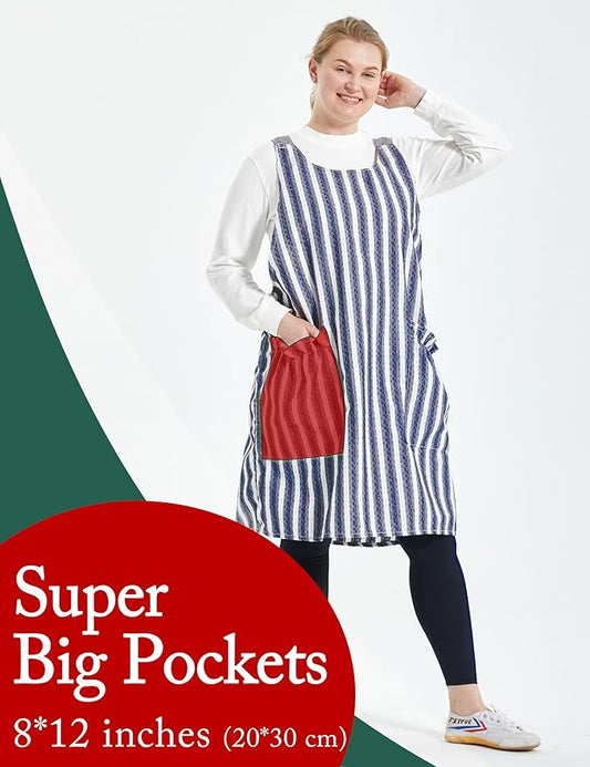 Big Plus Size Aprons for Women with Pockets Cotton Linen Baking Kitchen Cooking