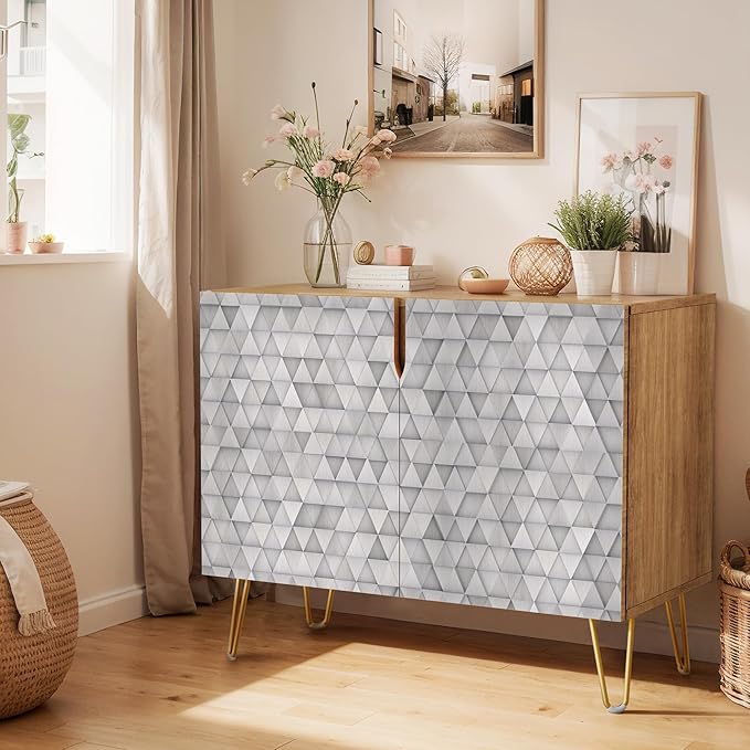 SIGNWIN Sideboard Buffet Cabinet, Kitchen Storage Cabinet with 2 Doors, Gray Geometric Triangle Patterns, Cupboard Console Table for Dining Room - 35" L x 18" W x 29" H