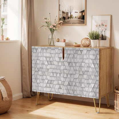 SIGNWIN Sideboard Buffet Cabinet, Kitchen Storage Cabinet with 2 Doors, Gray Geometric Triangle Patterns, Cupboard Console Table for Dining Room - 35" L x 18" W x 29" H