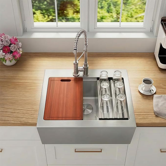 28 Inch Farmhouse Sink, 16 Gauge 304 Stainless Steel Farm Sinks, Drop In Topmount Single Bowl Workstation Sink with all Accessories, 28" x 22" x 10" Deep Kitchen Sink