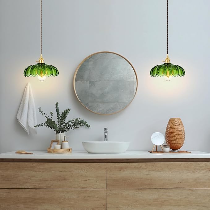 Pendant Light Fixture, Hanging Light Fixture, Glass Shade Pendant Light with Rotary Switch, Modern Lamp for Kitchen Island, Bedroom, Dining Room, Living Room (Green Lotus, Hard-Wired)