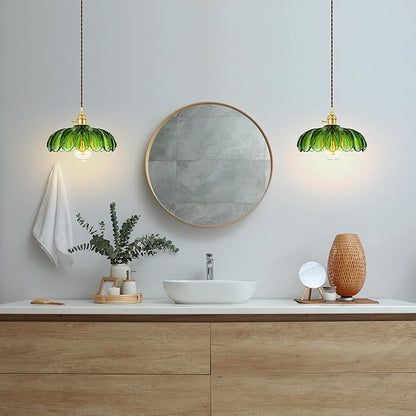 Pendant Light Fixture, Hanging Light Fixture, Glass Shade Pendant Light with Rotary Switch, Modern Lamp for Kitchen Island, Bedroom, Dining Room, Living Room (Green Lotus, Hard-Wired)