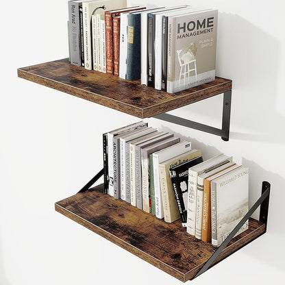 Deep Wall Shelves 16"W x 12"D Engineered Wood Floating Shelves for Wall, Sturdy Metal Bracket Bookshelves Home Decor Storage for Living Room Bedroom Bathroom Kitchen, Set of 2, Rustic Brown Finish