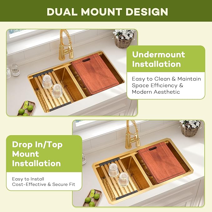 LQS Gold Kitchen Sink 30 Inch, 30” x 18” Stainless Steel Undermount Kitchen Sink, 50/50 Double Bowl with Sapele Cutting Board, Sink Grids, Sink Strainers and Fordable Roll-Up Drying Rack