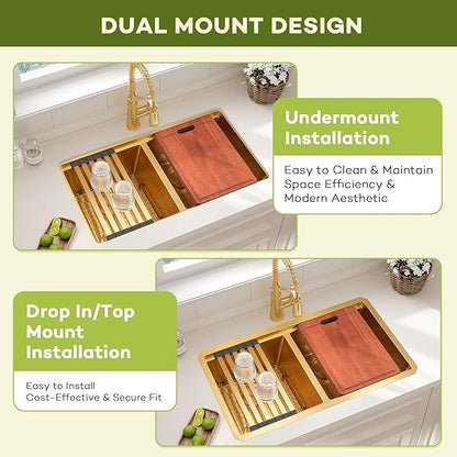 LQS Gold Kitchen Sink 30 Inch, 30” x 18” Stainless Steel Undermount Kitchen Sink, 50/50 Double Bowl with Sapele Cutting Board, Sink Grids, Sink Strainers and Fordable Roll-Up Drying Rack