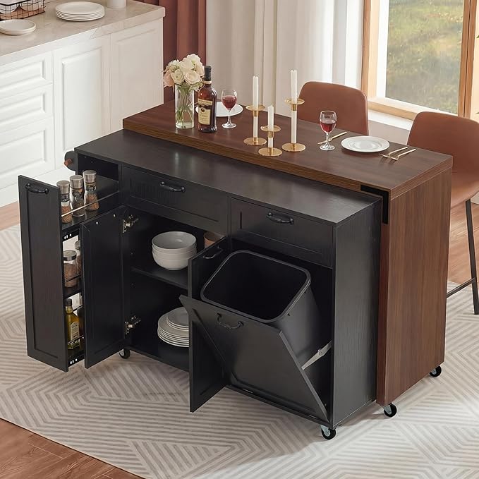 Kitchen Island with Extendable Dining Table, Rolling Kitchen Cart with Drawers and Trash Storage Cabinet, Island Mobile Dining Table on Wheels with 3-Tier Pull-Out Spice Rack for Small Space Black