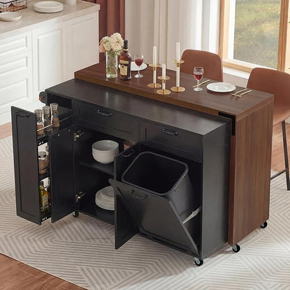Kitchen Island with Extendable Dining Table, Rolling Kitchen Cart with Drawers and Trash Storage Cabinet, Island Mobile Dining Table on Wheels with 3-Tier Pull-Out Spice Rack for Small Space Black