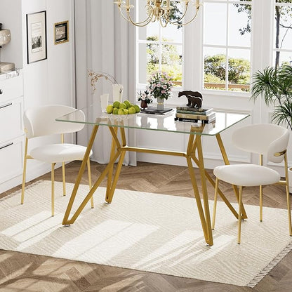 SSLine 47.3" Rectangle Glass Dining Table for 4 Modern Clear Glass Tabletop Kitchen Table for 4 Luxury Dinner Tables with Gold Nest Metal Base for Home Kitchen Dining Room(Table Only)
