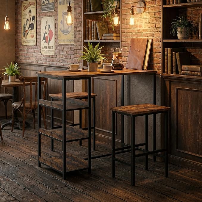 IDEALHOUSE 36" Counter Height Dining Table Set for 2 with Bar Stools and Storage Shelves, Space-Saving Kitchen Table for Small Space, Apartment, Studio, Rustic Brown