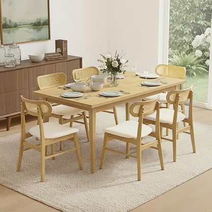 KISLOT Wooden Dining Chairs Set of 4, Upholstered Modern Dining Room Chairs, Mid Century Oak Wood Kitchen Chairs with Rattan Backrest for Farmhouse, Kitchen, Restaurant (Cream Fabric & Original Color)