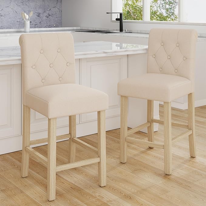 LSSBOUGHT 24 Inches Upholstered Counter Stools, Bar Stools Set of 2, Fabric Counter Stools with Back, Counter Height Bar Chairs with Solid Wood Legs for Home Kitchen Island Dining Room, (2pcs,Beige)