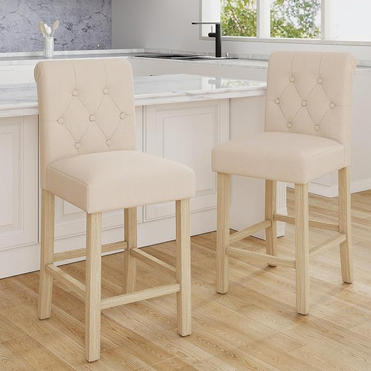 LSSBOUGHT 24 Inches Upholstered Counter Stools, Bar Stools Set of 2, Fabric Counter Stools with Back, Counter Height Bar Chairs with Solid Wood Legs for Home Kitchen Island Dining Room, (2pcs,Beige)