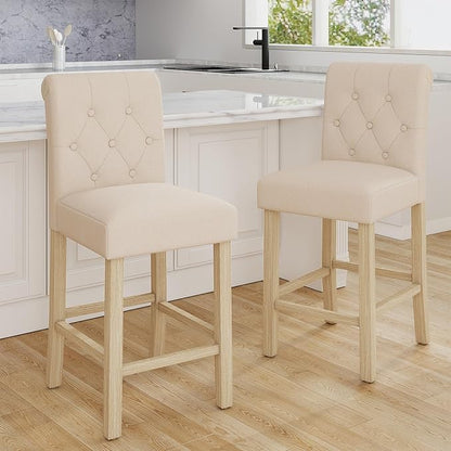 LSSBOUGHT 24 Inches Upholstered Counter Stools, Bar Stools Set of 4, Fabric Counter Stools with Back, Counter Height Bar Chairs with Solid Wood Legs for Home Kitchen Island Dining Room, (4pcs,Beige)