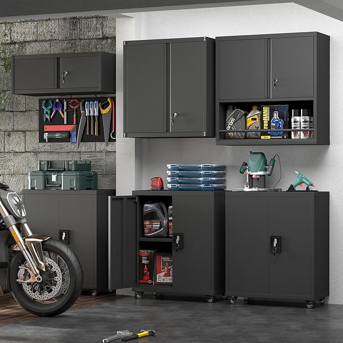 Steel Wall Cabinet, Metal Locking Wall Cabinet, Wall Hanging Metal Cabinet for Garage Tool Storage, Wall Mount Tool Cabinet for Garage, Laundry Room, Pantry, Black