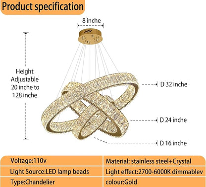 Modern Led Gold Ring Chandelier Luxury 3 Ring Crystal Chandelier Led Dimmable Light for Dining Room Height Adjustable Led Pendant Light 32''+24''+16''