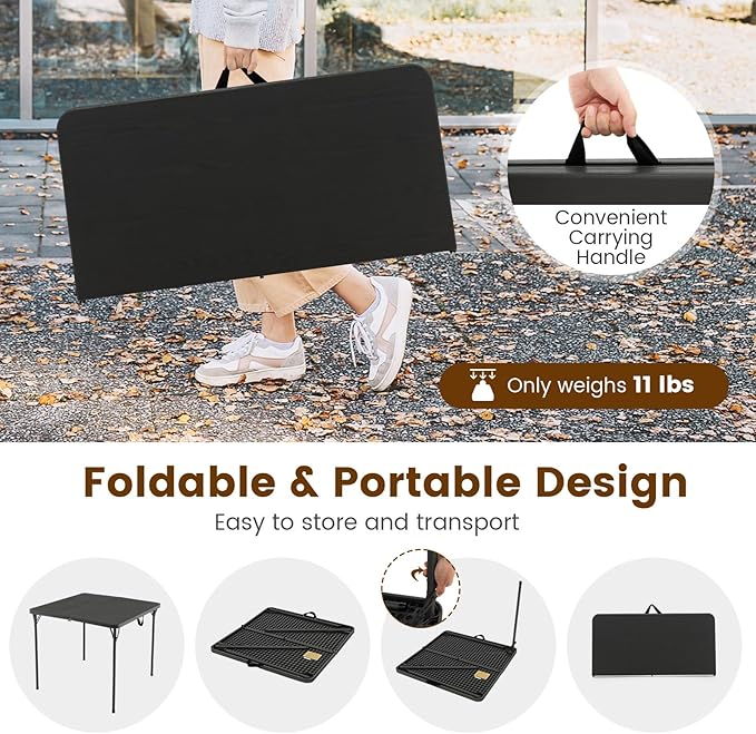 Tangkula 34" Folding Table, Portable Picnic Table with All-Weather HDPE Tabletop, Heavy-Duty Metal Frame, Carry Handle, Fold-in-Half Plastic Outdoor Table for Camping, Dining, BBQ, No Assembly Needed