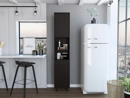 Modern Kitchen Pantry, Black Storage Cabinet with 2 Cabinets, 2 Doors and 2 Open Shelves, Easy to Maintain, for Dining Room