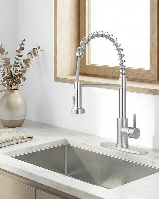 Kitchen Faucet with Pull Down Sprayer, Brushed Nickel Stainless Steel Commercial High Arc Spring Farmhouse RV Laundry Wet Bar Sink Faucet Single Handle Dual Function 1 or 3 Hole