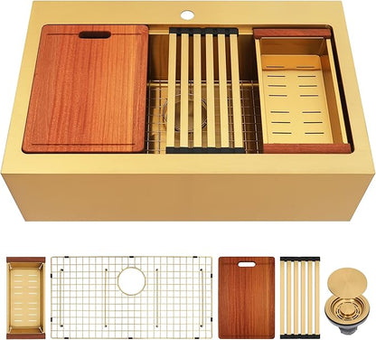 36 Inch Farmhouse Gold Sink, 16 Gauge 304 Stainless Steel Farm Sinks, Drop In Topmount Single Bowl Workstation Sink with all Accessories, 36" x 22" x 10" Large and Deep Kitchen Sink