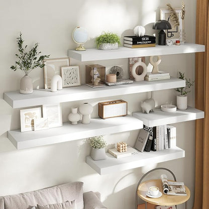 Marsmiles 12" Deep Floating Shelves for Wall with Invisible Brackets, Wall Mounted Engineered Wood Shelves with Wood Grain for Living Room, Bedroom, Kitchen Decor and Storage, 55" L Set of 1, White