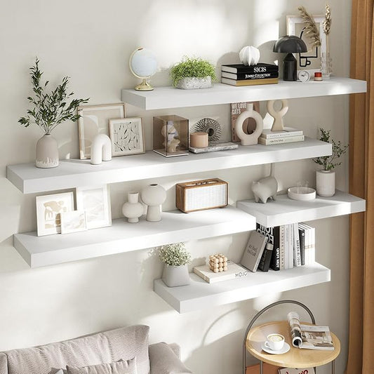Marsmiles 12" Deep Floating Shelves for Wall with Invisible Brackets, Wall Mounted Engineered Wood Shelves with Wood Grain for Living Room, Bedroom, Kitchen Decor and Storage, 48" L Set of 1, White