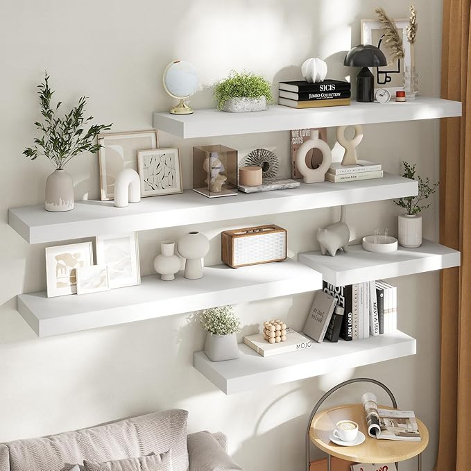 Marsmiles 12" Deep Floating Shelves for Wall with Invisible Brackets, Wall Mounted Engineered Wood Shelves with Wood Grain for Living Room, Bedroom, Kitchen Decor and Storage, 24" L Set of 2, White