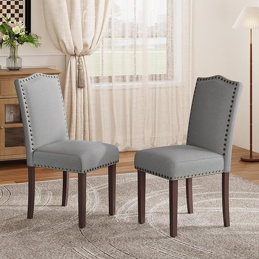 MALOL Dining Chairs Set of 2, Soft Comfortable Upholstered Parsons Chairs with High-Density Cushion & Solid Wood Legs, Nailhead Trim, Modern Accent Chairs for Dining Room, Kitchen, Living Room – Grey