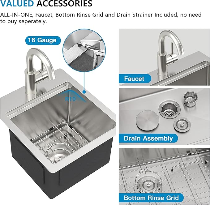 13"x15" Drop In Bar Prep Sink Workstation – 16 Gauge 304 Stainless Steel, Single Bowl Top Mount Overmount Wet Bar RV Outdoor Kitchen Sink with Faucet