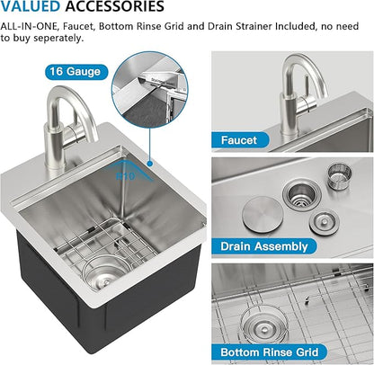 13"x15" Drop In Bar Prep Sink Workstation – 16 Gauge 304 Stainless Steel, Single Bowl Top Mount Overmount Wet Bar RV Outdoor Kitchen Sink with Faucet