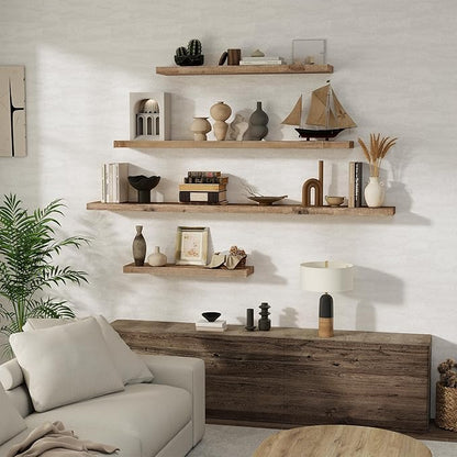 FLYJOE Solid Wood Floating Shelves, 8" Deep Rustic Reclaimed Barnwood Wall Hanging Floating Shelf with Invisible Heavy-Duty Metal Bracket | Wall Mounted | Farmhouse Style | 55 inches,1PC,Natural