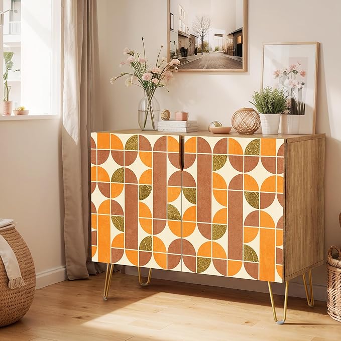 SIGNWIN Sideboard Buffet Cabinet, Kitchen Storage Cabinet with 2 Doors, Orange & Brown Retro Polygon Pattern, Cupboard Console Table for Dining Room - 35" L x 18" W x 29" H