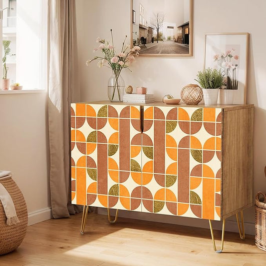 SIGNWIN Sideboard Buffet Cabinet, Kitchen Storage Cabinet with 2 Doors, Orange & Brown Retro Polygon Pattern, Cupboard Console Table for Dining Room - 35" L x 18" W x 29" H