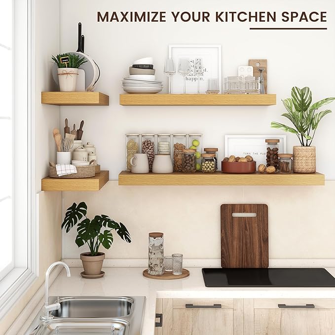 Venusmiles Floating Shelves for Wall, 24 Inch Wide x 12 Inch Deep Floating Shelves, Long Wood Floating Wall Shelf Shelves for Living Room Bathroom Bedroom Kitchen Home - (Oak, 24" W x 12" D x 2" H)