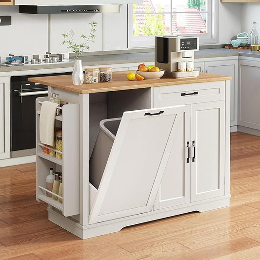 YITAHOME 50 Inch Rolling Kitchen Island with Trash Can Storage Cabinet & Drop Leaf, Portable Mobile Islands Table Long Floating Movable w Wheels Drawer Cabinet for 13 Gallon Garbage Bin, Off White